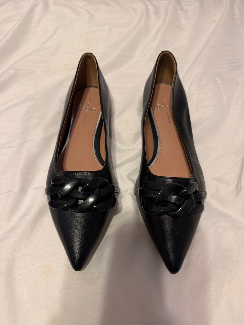 Paolo Black Pointed-Toe Flats with Chain Accent